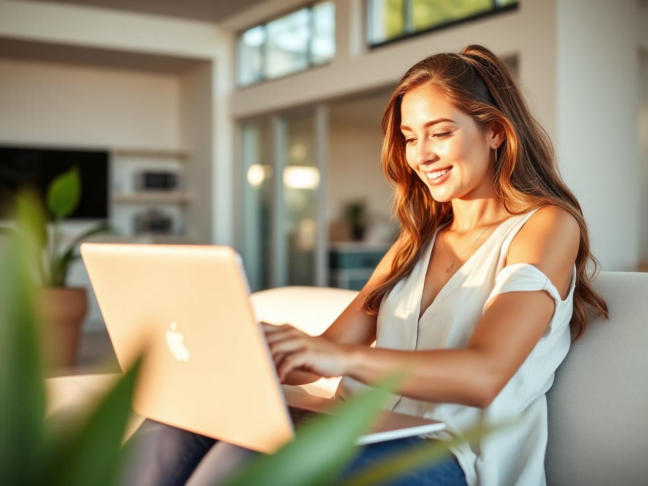 Happy expat student taking an online Spanish class on a laptop