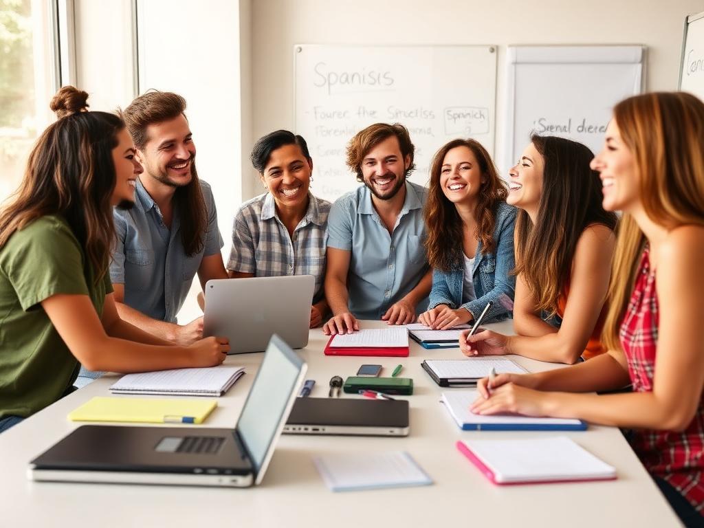 Group of happy students learning Spanish together